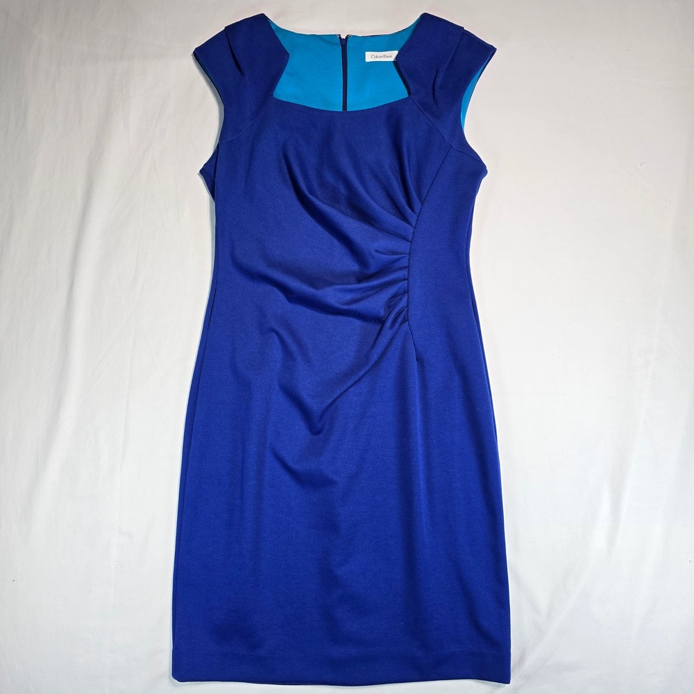 Calvin Klein Royal Blue Ruched Sheath Dress CD5P1021 Size 10 Cap Sleeve